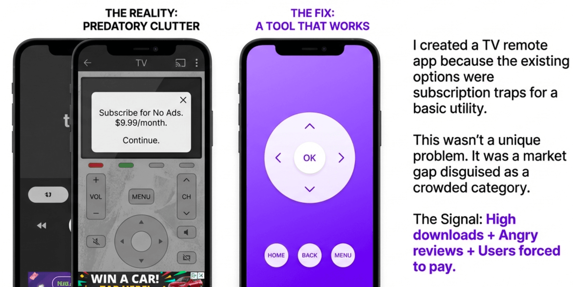 The Reality: Predatory Clutter vs The Fix: A Tool That Works - comparison of predatory TV remote apps vs a clean solution