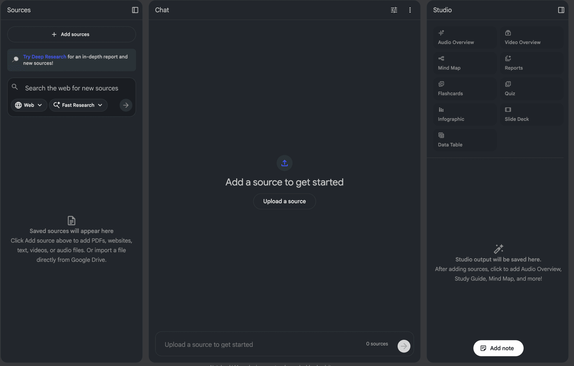 NotebookLM interface showing three panels: Sources, Chat, and Studio