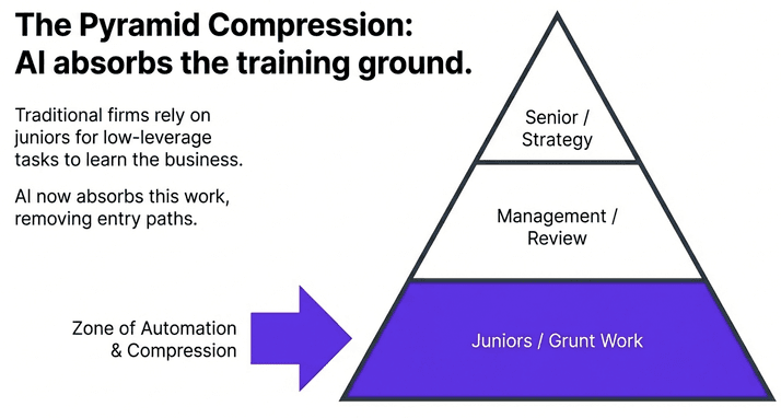 Pyramid compression visual showing entry-level role shrinkage
