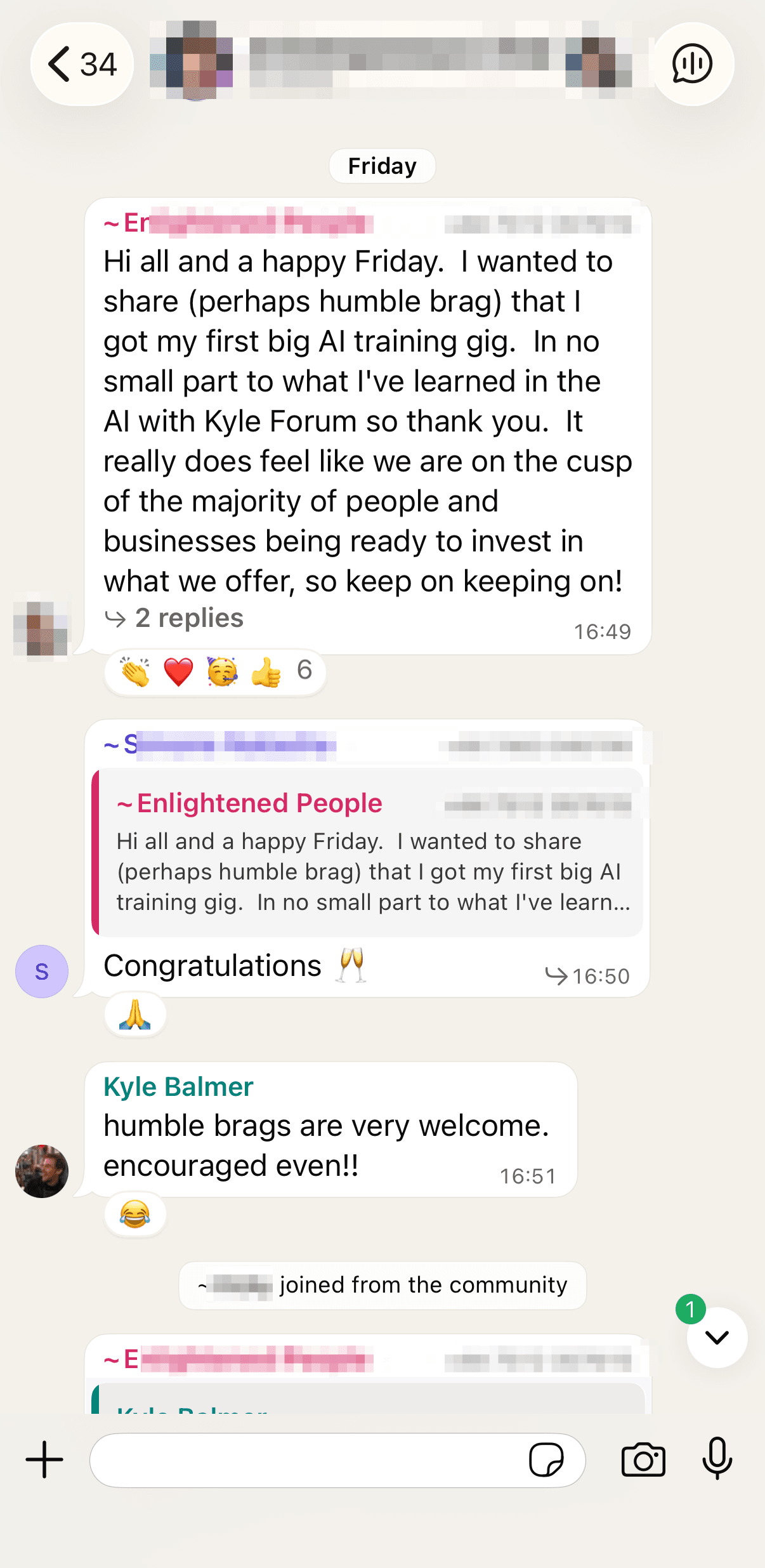 Group chat screenshot discussing AI agents and integrations.