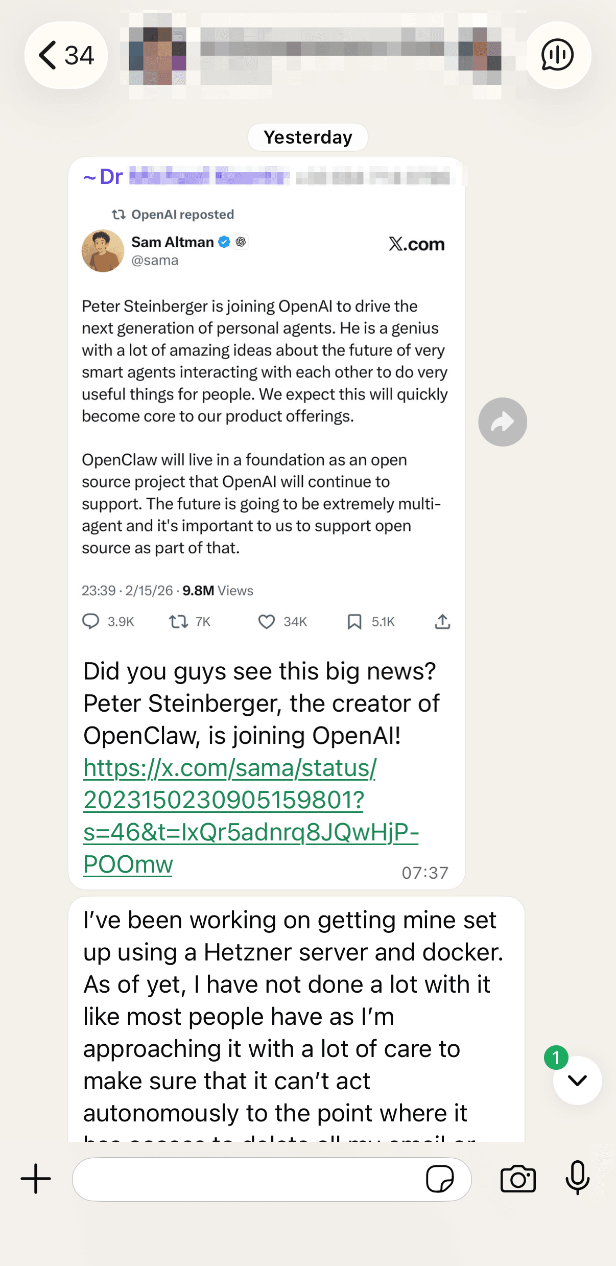 Group chat screenshot discussing breaking AI news.