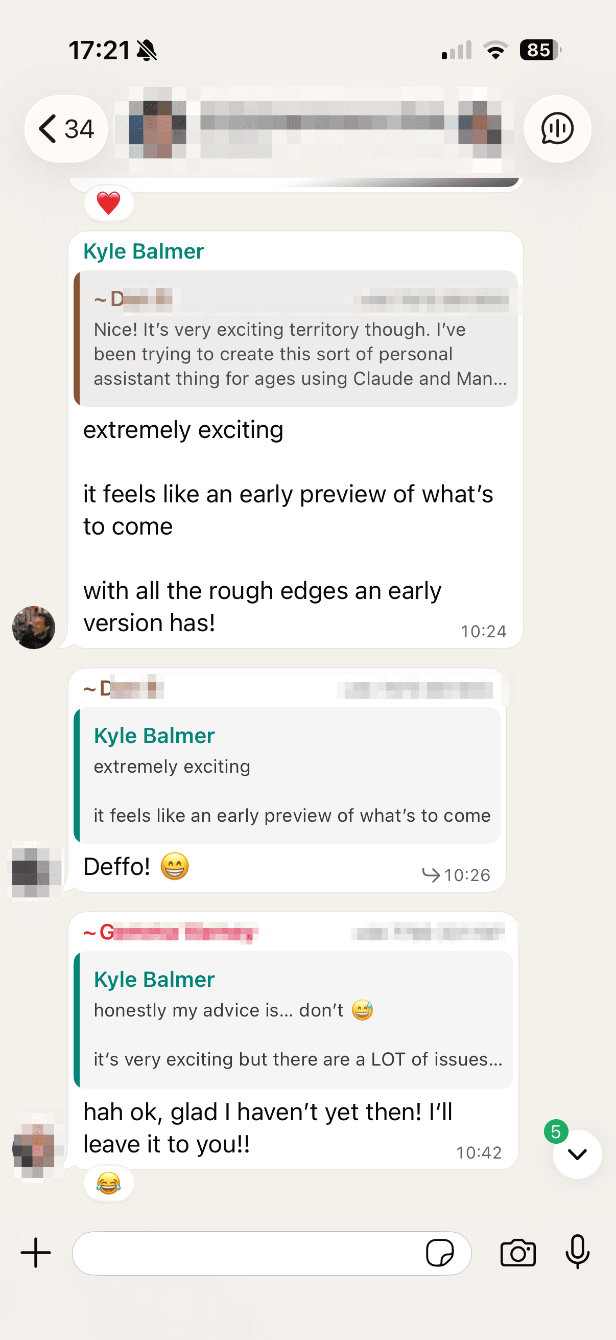 Group chat screenshot showing peer support around an AI policy problem.