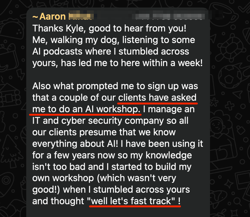 Aaron sharing that an IT company owner wants to fast-track a workshop
