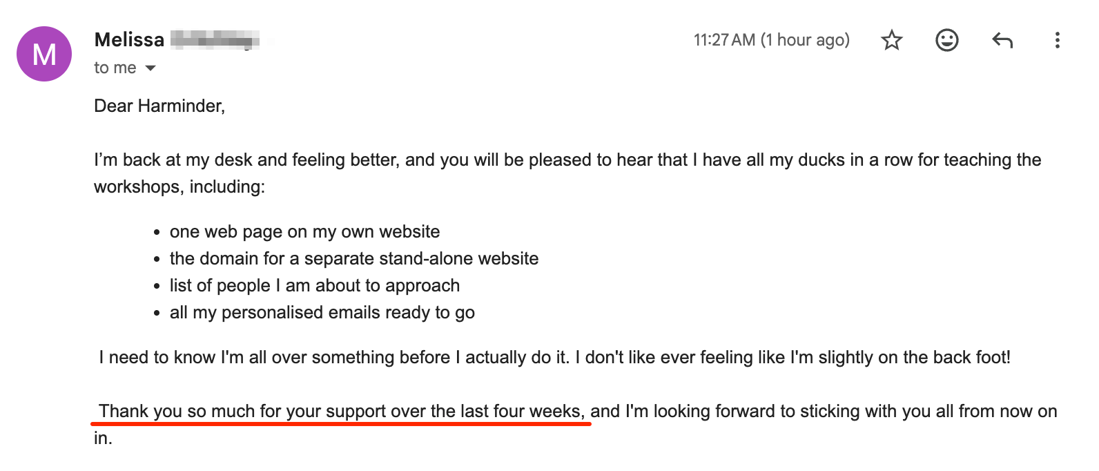 Melissa sharing positive feedback from a one-to-one session