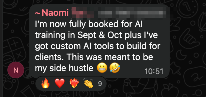 Naomi sharing that her side hustle is fully booked