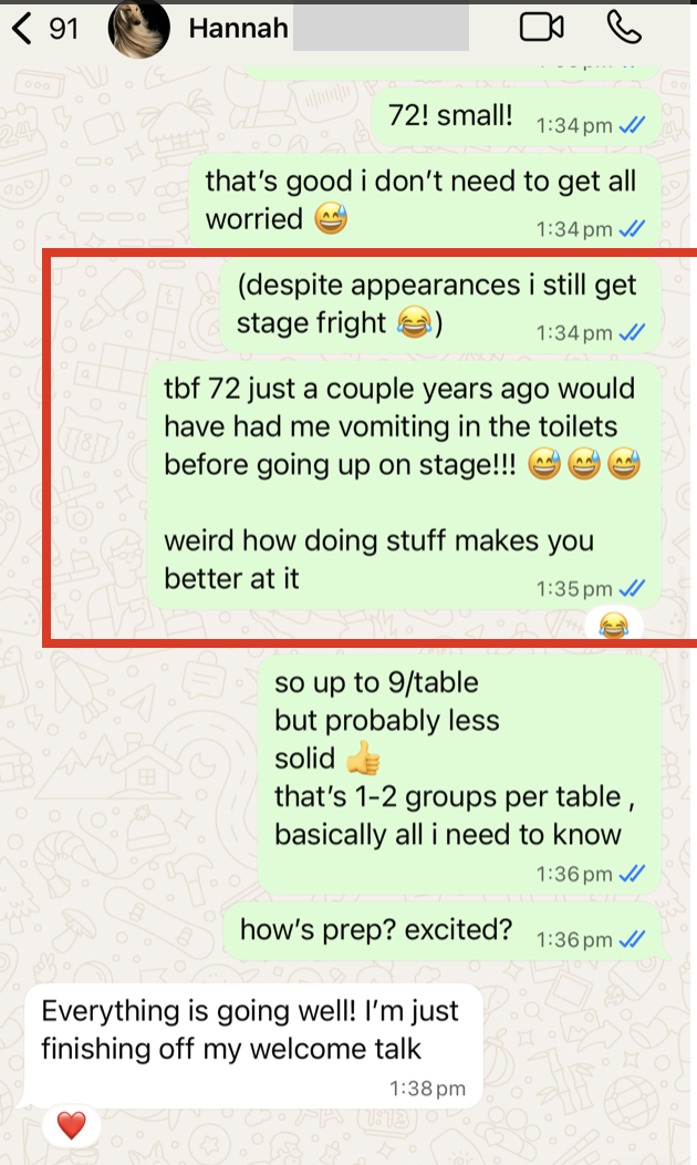 WhatsApp conversation with Hannah about stage fright before a 72-person workshop