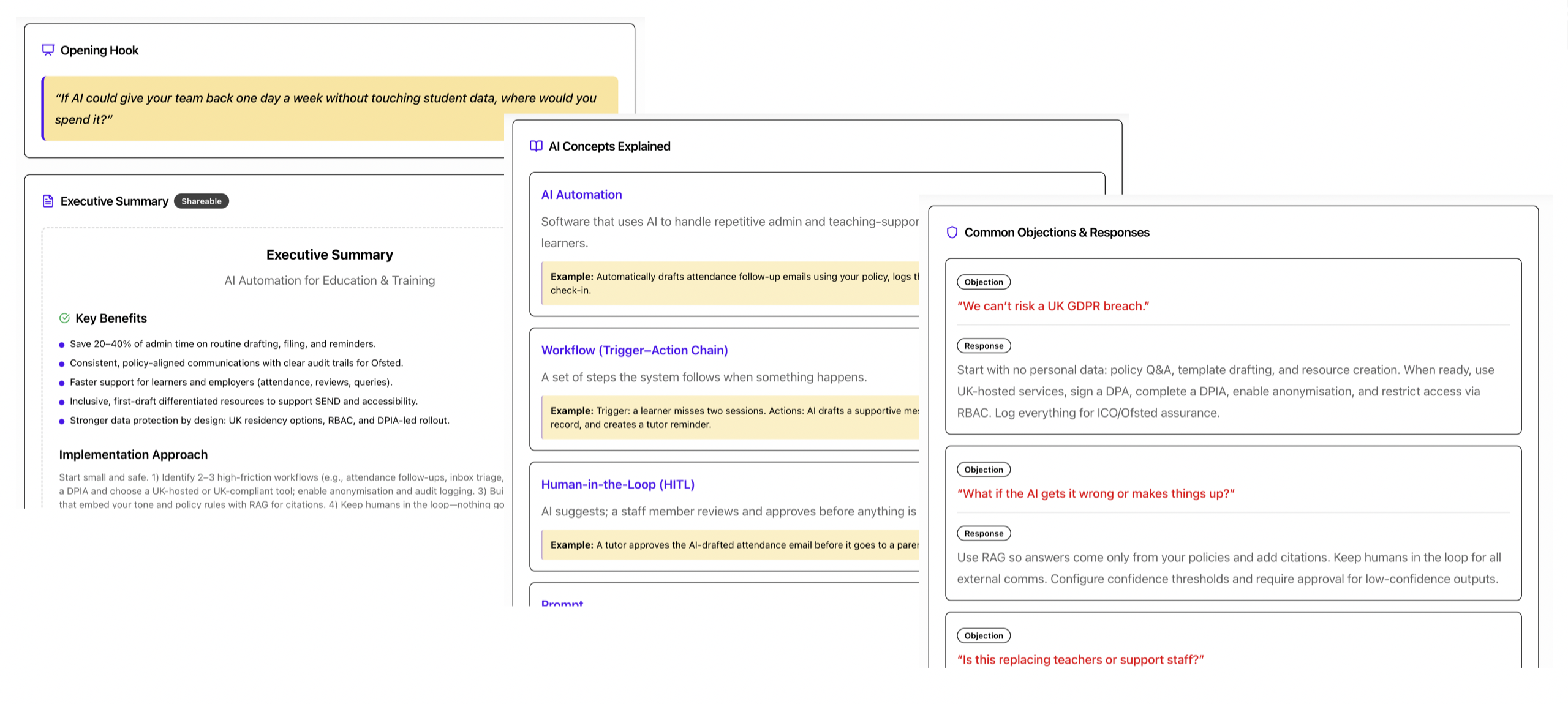 Industry AI Translator tool showing opening hooks, AI concepts explained, and common objections
