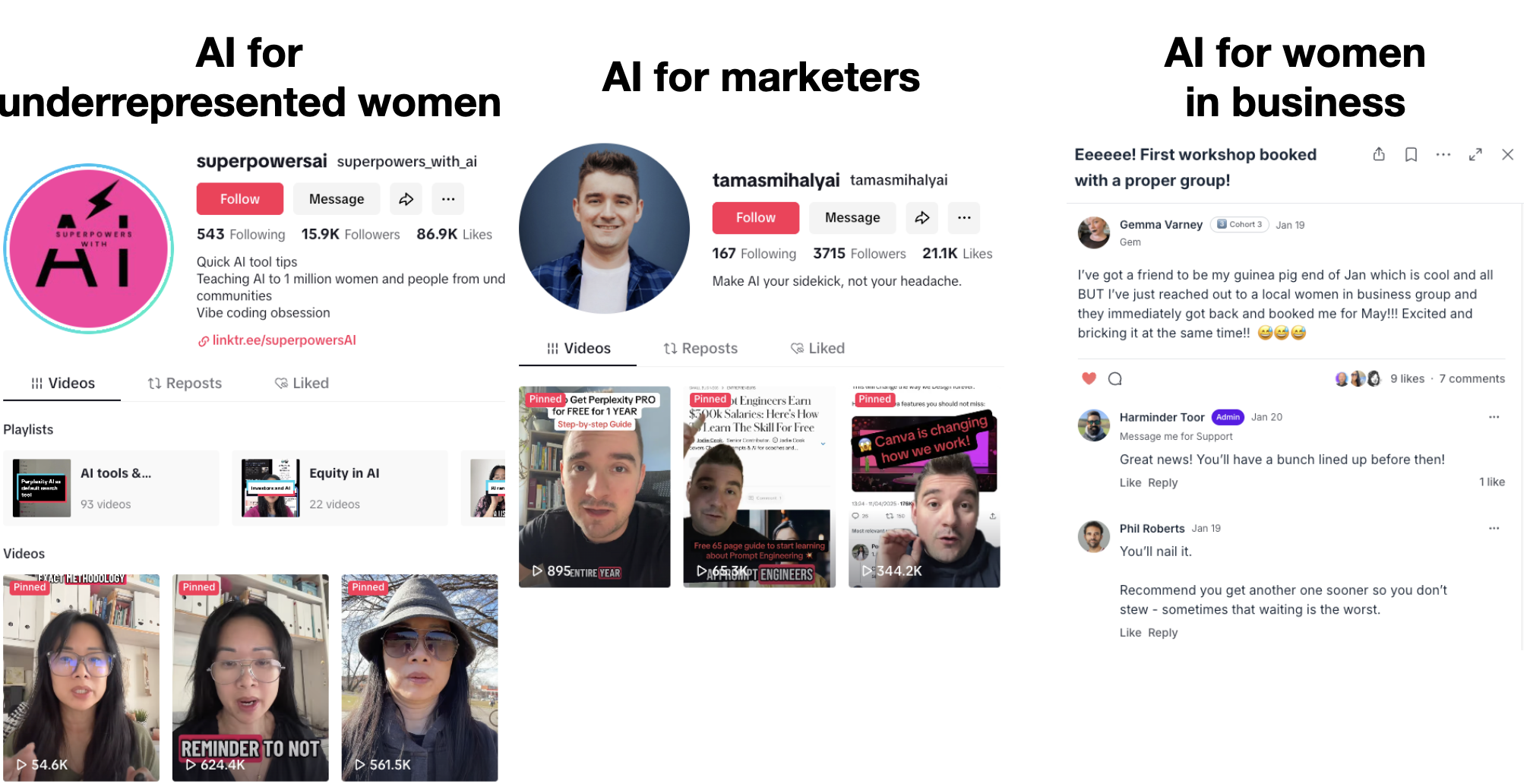 AI Workshop niches: AI for underrepresented women (superpowersai), AI for marketers (tamasmihalyai), AI for women in business (Gemma Varney)