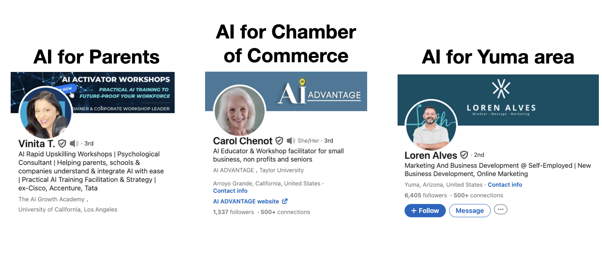 AI Workshop niches: AI for Parents (Vinita T.), AI for Chamber of Commerce (Carol Chenot), AI for Yuma area (Loren Alves)