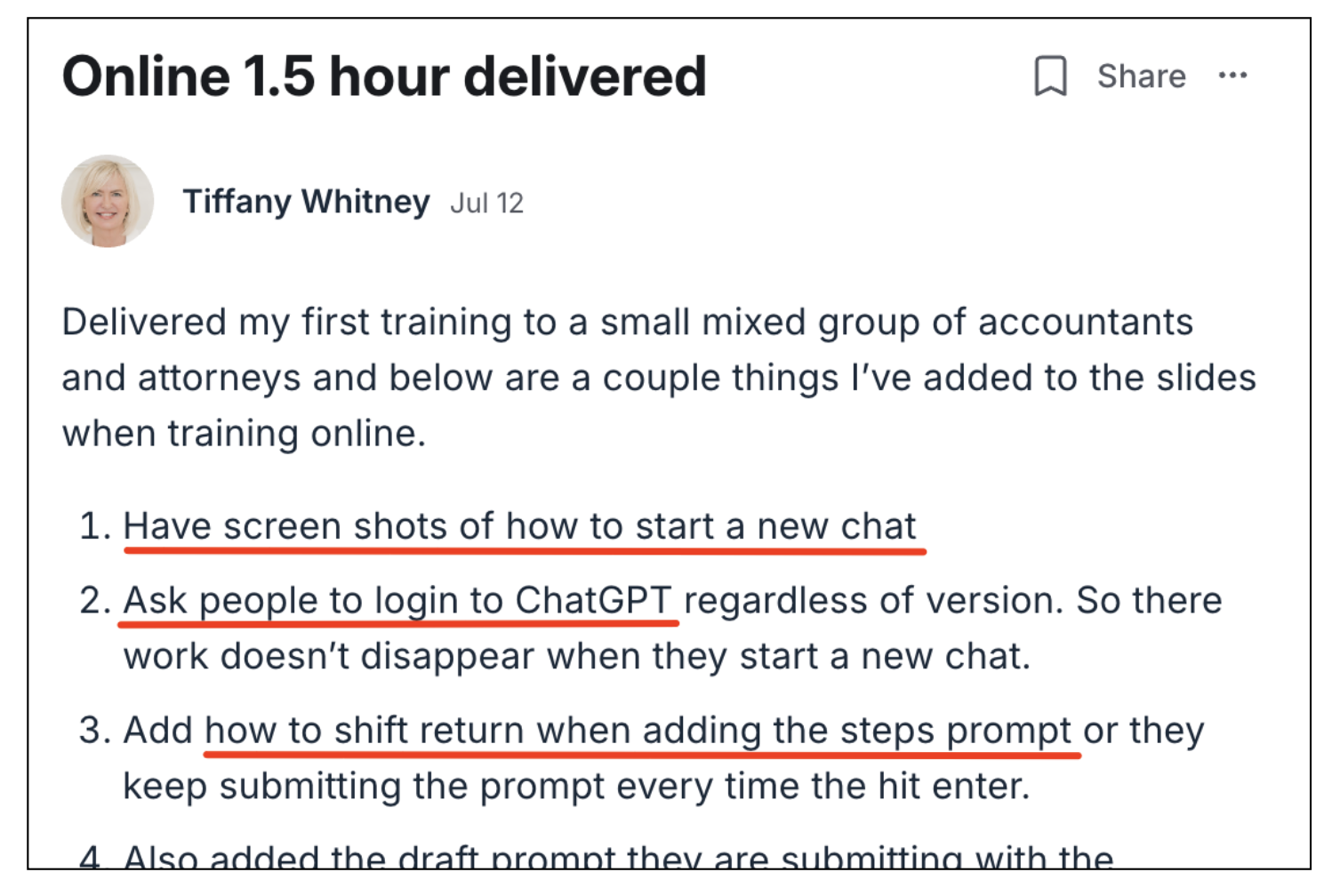 Tiffany Whitney sharing her experience delivering AI training to accountants and attorneys
