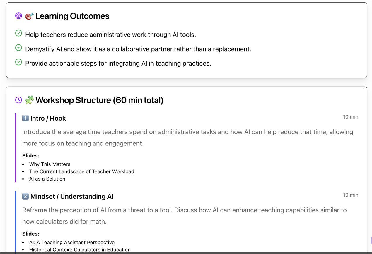 AI 101 Workshop Planner showing learning outcomes and workshop structure