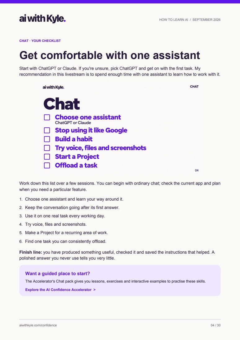 Chat checklist from the guide: choose one assistant, build a habit, try voice, add files and use Projects